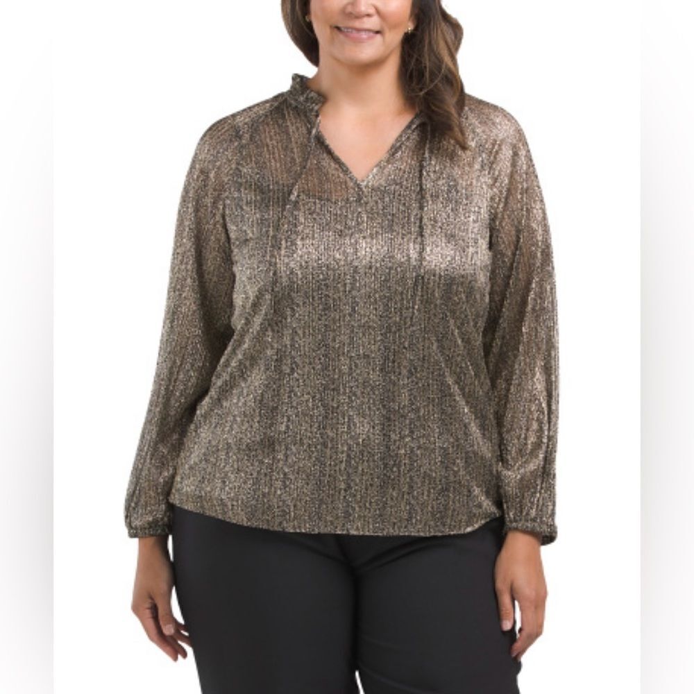 Vince C 1X Metallic Gold Rich Black Ruffle Neck Toe Front Long Sleeve Blouse